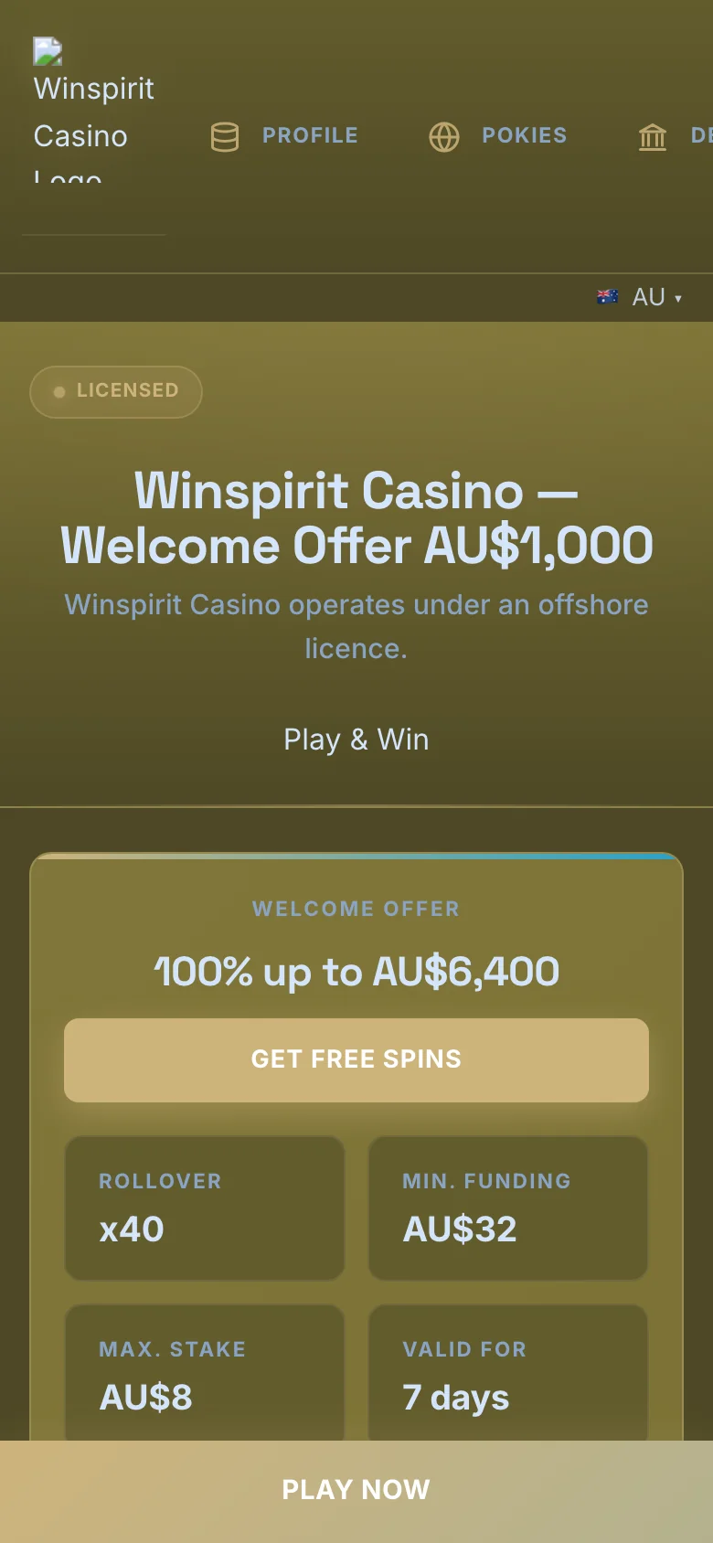 Winspirit Casino mobile lobby screenshot